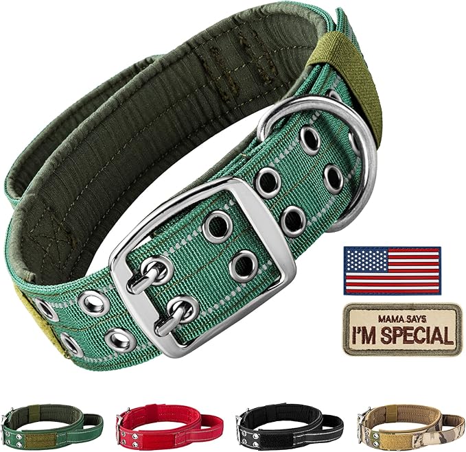 Annchwool Tactical Dog Collar for Medium and Large Dog,Adjustable Military Dog Collar with Soft Padded Handle,Heavy Duty Double Buckle Design(Green,M)