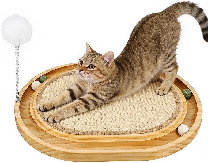 Sisal Cat Scratcher Toy,Cat Natural Sisal Scratching Pad,Wooden Interactive Toy for Indoor Cats with Cat Ball Track