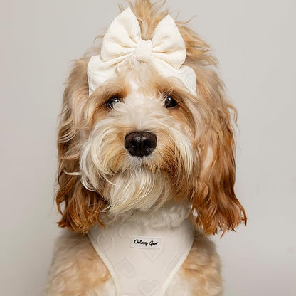 Large Dog Harness Set – Cute No Pull, All Weather, Breathable Harness and Leash Set with Collar, Bandana, Sailor Bow & Poop Bag Holder – Adjustable, Soft & Stylish – Cream Hearts on Jacquard Fabric