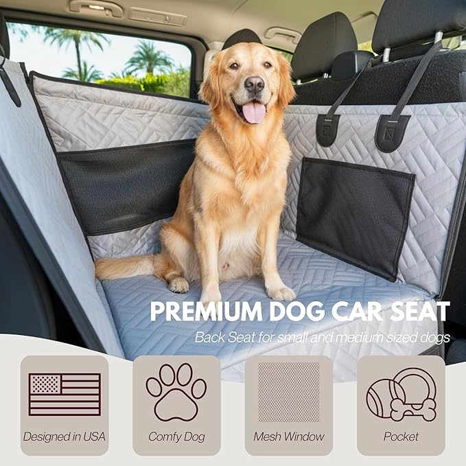 Premium Dog Car Seat & Back Seat – Waterproof & Non-Slip Travel Hammock with Storage Pockets | Secure & Comfortable Pet Seat Cover for Large & Medium Dogs – Fits Cars, SUVs & Trucks (Gray)