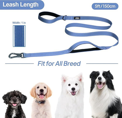 TwoEar 5FT 1IN Strong Dark Blue Dog Leash with 2 Padded Handles, Traffic Handle Extra Control, Comfortable Soft Dual Handle, Auto Lock Hook, Reflective Walking Lead for Small Medium and Large Dogs