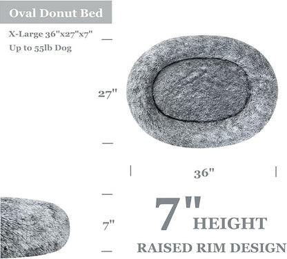Coohom Oval Calming Donut Cuddler Dog Bed,Shag Faux Fur Cat Bed Washable Round Pillow Pet Bed(30"/36"/43") for Small Medium Dogs (XL(36"x27"x7"), Grey)