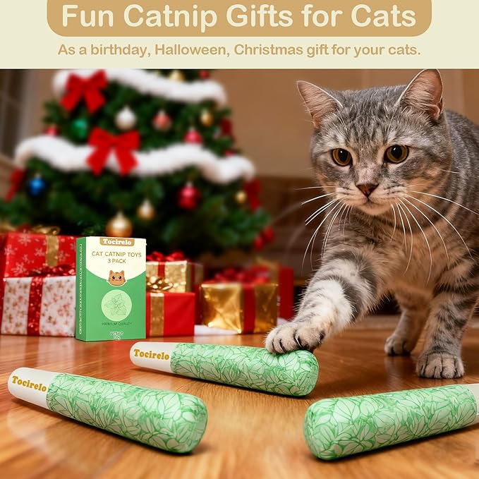 Tocirelo Catnip Toys for Cats 3pack - Bite Resistant Cat Nip Toys Filled with 100% Pure 45000mg A+Organic Catnip, Safe Kitten Teething Kicker Toys, Cat Chew Toy for Indoor Cats for Stress Relieving