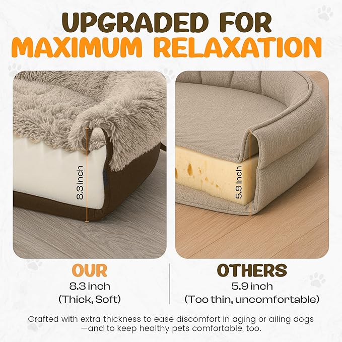 Miorun Fluffy Orthopedic Dog Bed for Extra Large Dogs, Calming Plush Sofa Bed with Curved Bolster Support and Egg-Crate Foam Base, 48" Cozy Oval Pet Donut Bed with Washable Cover, Coffee