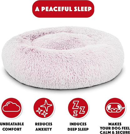 The Dog’s Bed Sound Sleep Original Calming Dog & Cat Bed, Anti-Anxiety Rose Pink Fur Donut Nest Snuggler, with Removable Cover, Veterinary Approved