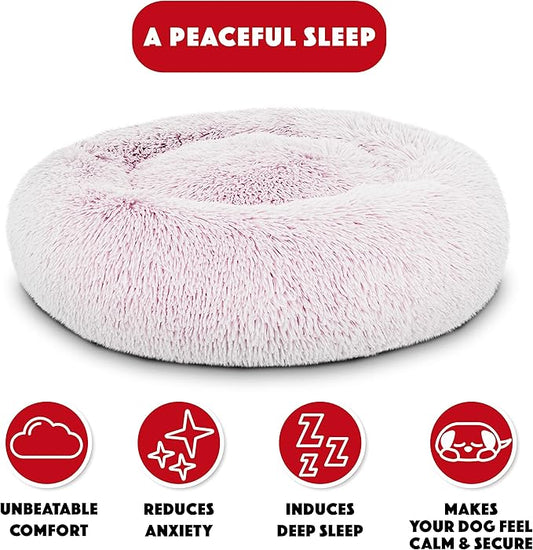 The Dog’s Bed Sound Sleep Original Calming Dog & Cat Bed, Anti-Anxiety Rose Pink Fur Donut Nest Snuggler, with Removable Cover, Veterinary Approved