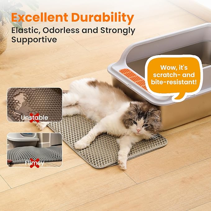 Petinstinct Small Cat Litter Mat, 20x14’’ Double Layer Honeycomb Cat Litter Box Mat, Non Slip Waterproof Urine Proof Litter Trapping Mat for Floor, Kitty Litter Pad, Indoor Pet Supplies, Beige