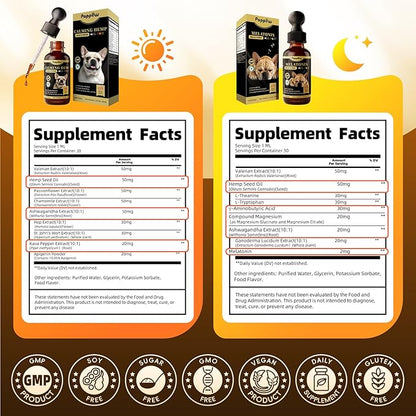 POPPAW Dog Calming & Melatonin Drops, Day & Night Calm Support Set, Soothe Separation & Stress, Enhance Calmness & Sleep with Valerian Root, Ashwagandha, GABA, Melatonin, Chicken Flavor, 2 FL.Oz