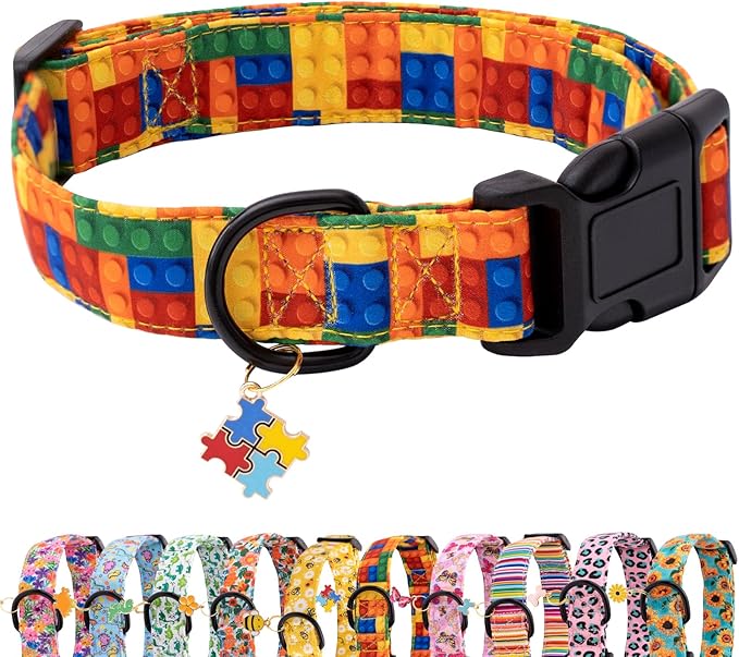 Faygarsle Dog Collar for Small Medium Large Dogs Colorful Puppy Collars for Female Dogs Toy Building Blocks Patterned Pet Collars for Summer Spring Wedding Puppy Girl Dog Collar M