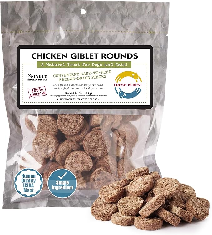 Fresh Is Best Freeze Dried Dog Treats - Freeze Dried Chicken Giblets - Fresh Cat & Dog Training Treats in Resealable Zipper Bag - Raw Chicken Hearts, Livers, and Gizzards Treat - Made in The USA