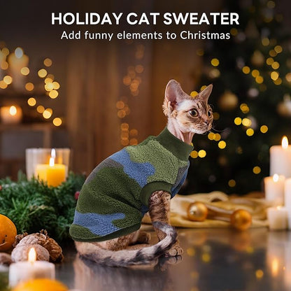 PUMYPOREITY Winter Warm Cat Sweater - Super Soft & Elastic Knit with Plush Fleece, Easy-On Design with Ribbed Neck & Cuffs, Stretchy Cat Outfit for Indoor/Outdoor Use,Green, S