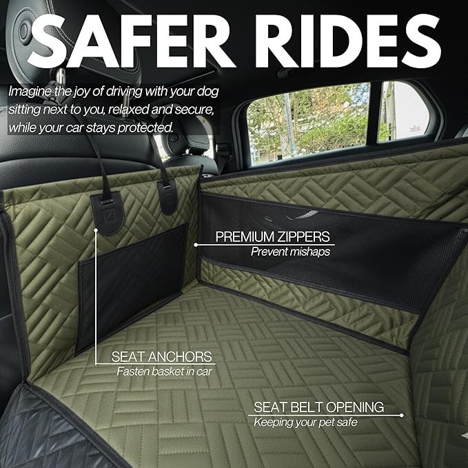 Premium Dog Car Seat & Back Seat – Waterproof & Non-Slip Travel Hammock with Storage Pockets | Secure & Comfortable Pet Seat Cover for Large & Medium Dogs – Fits Cars, SUVs & Trucks (Green)