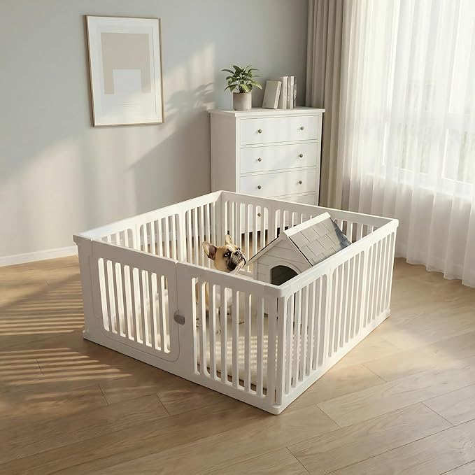 Jatindear 11 Panels Plastic Dog Playpen, Expandable & Durable Pet Fence - Indoor & Outdoor Portable with Secure Locking Door, Durable Safety Play Pen with Puppy, Cat, Small Animal(White, 23.62" H)