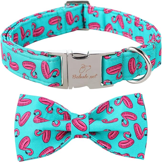 Summer Dog Collar with Bow Tie, Cute Flamingo Float Bowtie Dog Collar, Durable Adjustable Cotton Pet Collar for Small Medium Large Dogs XS