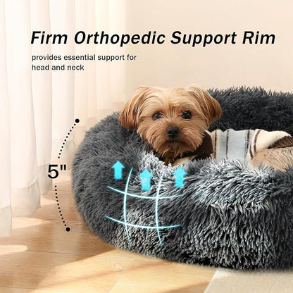 NOYAL Calming Donut Dog Bed for Small to Medium Dogs & Cats - Plush Faux Fur Anti-Anxiety Pet Bed with Machine Washable Cover & Non-Slip Base