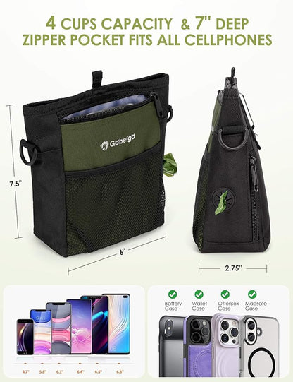 Gobeigo Dog Treat Pouch with Silicone Snack Bag, Front Pocket fits All Phones, 4 Cup Treat Bag with Training Clicker, Upgrade Stronger Magnetic Closure, 3 Ways to Wear Walking Fanny Pack (Army Green)