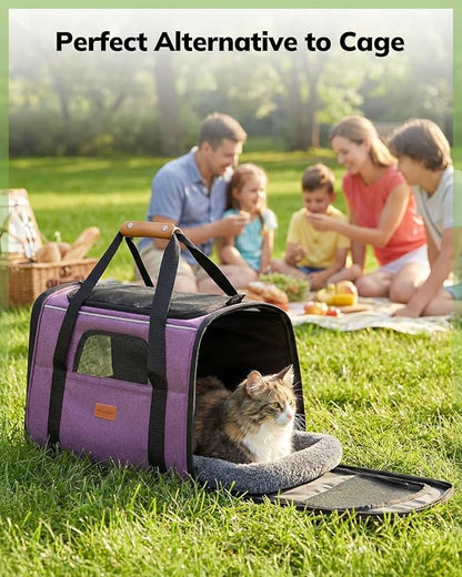 Morpilot Cat Carrier - Cat Carrier Soft for Medium or Large Cats up to 18lbs, with Dual-Sided Cushion, Secure Buckle and Foldable Bowl, Dog Carriers for Small Dogs(Purple)-17.3" L x 12.2" W x 13.4" H