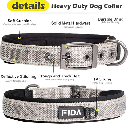 Fida Heavy Duty Dog Collar, Ultra Comfortable Soft Neoprene Padded, Adjustable Reflective Nylon Pet Collar with Durable Metal Belt Buckle for Large Breeds (L, Grey)