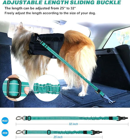 AUBELL Dog Seat Belt for Car,2 Pack Set 3-in-1 Adjustable Reflective Bungee Heavy Duty Dog Car Harness Tether with Clip Hook Latch & Buckle,Swivel Zinc Alloy Carabiner,Black+Teal