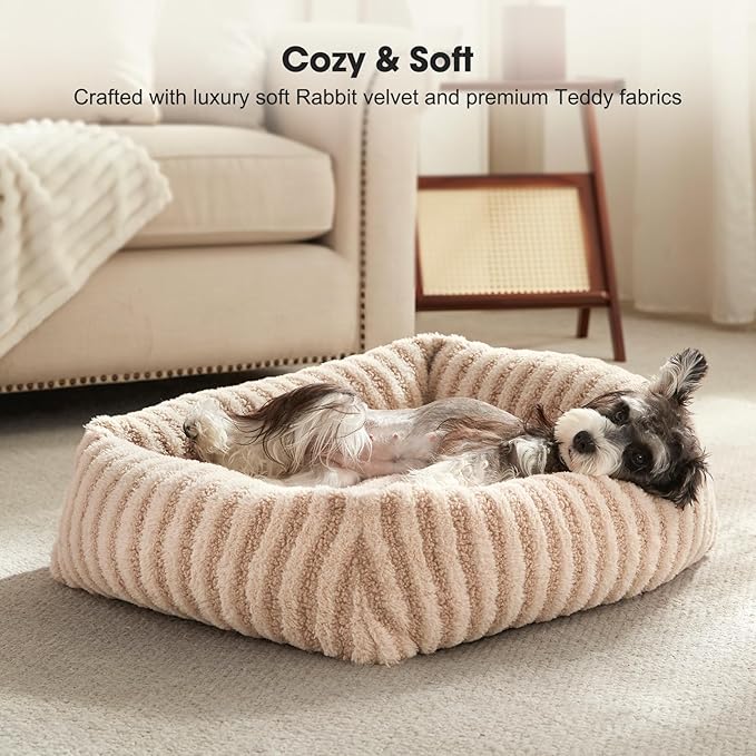 MIXJOY Dog Bed Medium Size Dog, Washable Medium Dogs Bed with Removable Cover, Soft Rectangle Doggy Ded Fluffy Plush Faux Fur Pet Bed with Anti-Slip Bottom, 30"x24"x8", Beige