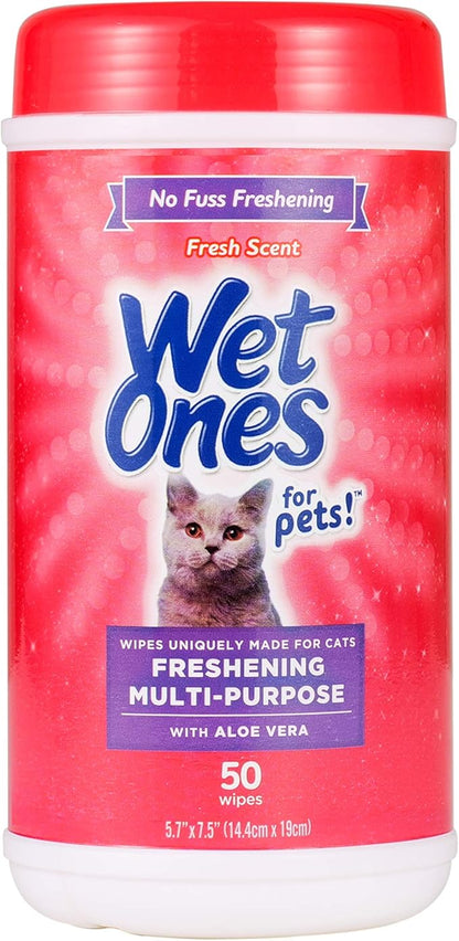 Wet Ones for Pets Freshening Multipurpose Wipes for Cats with Aloe Vera, Fresh Scent - Easy to Use Cat Cleaning Wipes for Pet Grooming in Canister, 50 Count