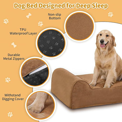 Rainmr Orthopedic Dog Beds for Large Dogs, 7" Memory Foam Dog Beds with Waterproof Liner, Durable Microsuede Cover, Removable and Washable, Nonskid Bottom, 48"x30"x7" L Khaki