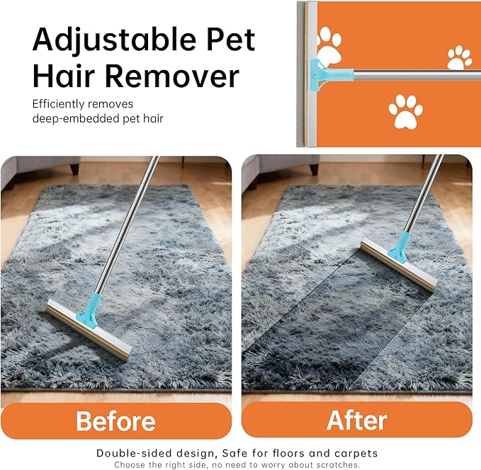 Carpet Rake for Pet Hair Removal Tool, 2 in 1 TPU and Copper Rake Teeth Uproot Clean Hair Remover with 63’’ Adjustable Long Handle, Reusable Cat & Dog Fur Broom for Carpets,Rugs, Mats
