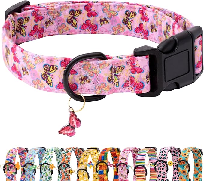 Faygarsle Dog Collar for Small Medium Large Dogs Cute Pink Puppy Collars for Female Dogs Butterfly Patterned Pet Collars for Summer Spring Wedding Puppy Necklace Girl Dog Collar M