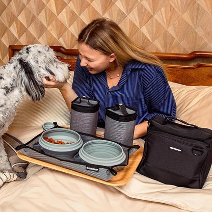 Cleverpup, Large 7-Piece Bistro Box Dog Food Travel Kit, 12-Cup Kibble Storage, 2 Silicone Bowls, Mat & Scoop - Premium Portable Pet Food Kit for Weekends, Overnights, Daycare & Camping, Graphite