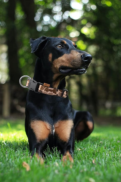 Dog Collar, Cute Floral Pattern, Neoprene Padded and Adjustable Collar with Quick Release Buckle, Reinforced Structure (L (Neck 18-28", Width 1"), Camouflage Brown)