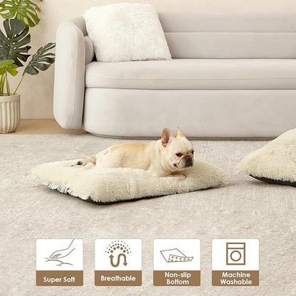 EHEYCIGA Fluffy Dog Crate Bed for Medium Dogs, Plush Faux Fur Crate Pad, Calming Anti Anxiety Medium Dog Bed, Washable Soft Warm Mat with Non-Slip Bottom, Ivory Beige