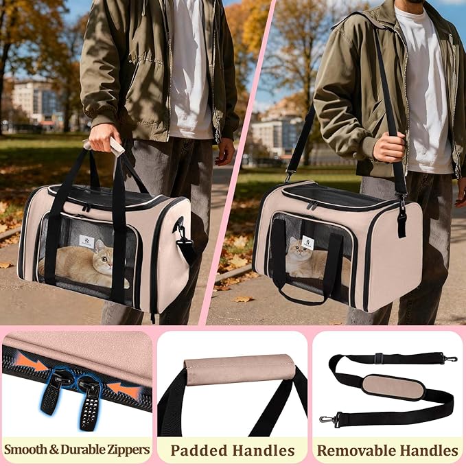 DSDCDJ Cat Carrier Dog Carrier - Soft-Sided Cat Carrier with Plush Pad & Cooling Mat, Easy-Load 4-Side Zipper & 3-Side Mesh Ventilation, Pet Carrier Airline Approved for Cats/Dogs Up to 20 lbs, Brown