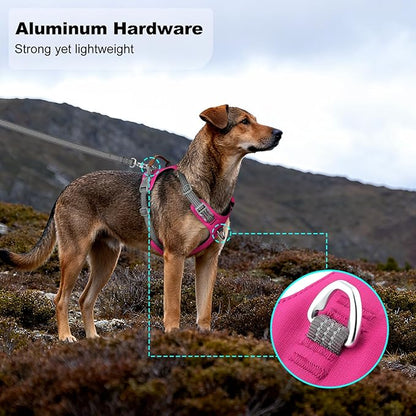 ApakBak No Pull Dog Harness – Adjustable Reflective Nylon Vest for Small Medium Large Dogs, Escape Proof Training Harness with Leather Control Handle, Lightweight Aluminum Hardware (Hot Pink, XL)