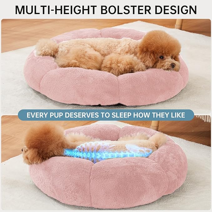 OhGeni 24 inches Calming Donut Dog & Cat Bed for Small Pets, Warming Comfort Fluffy Short Pile Fur, Durable Machine Washable, Cute Round Bed for Puppy and Kitten, Pink