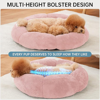 OhGeni 24 inches Calming Donut Dog & Cat Bed for Small Pets, Warming Comfort Fluffy Short Pile Fur, Durable Machine Washable, Cute Round Bed for Puppy and Kitten, Pink