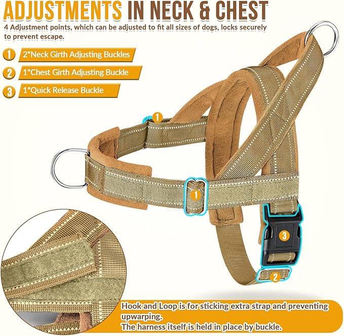 SlowTon No Pull Dog Harness - Heavy Duty Dog Harness and Leash Set for Medium Large Dogs, Reflective Tactical Harness with Soft Padded and Front Clip for Easy Walk and Training (Tan L)