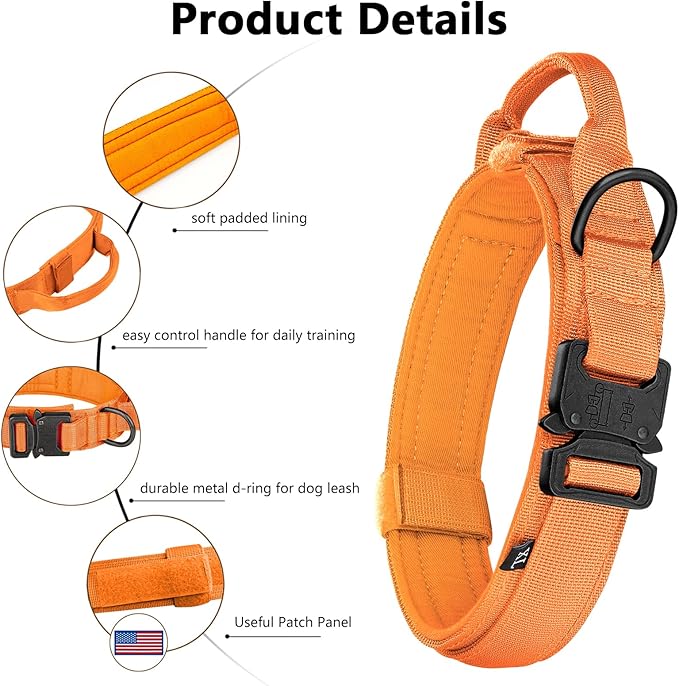 DAGANXI Tactical Dog Collar, Adjustable Military Training Nylon Dog Collar with Control Handle and Heavy Metal Buckle for Medium and Large Dogs, with Patches and Airtags Case (Orange, L)