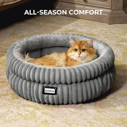BALANCE Cat Bed Kitten Bed, Washable Round Cat Beds for Indoor Cats,Super Soft Plush Faux Fur Pet Bed for Puppy and Kitten with Anti-Slip Bottom