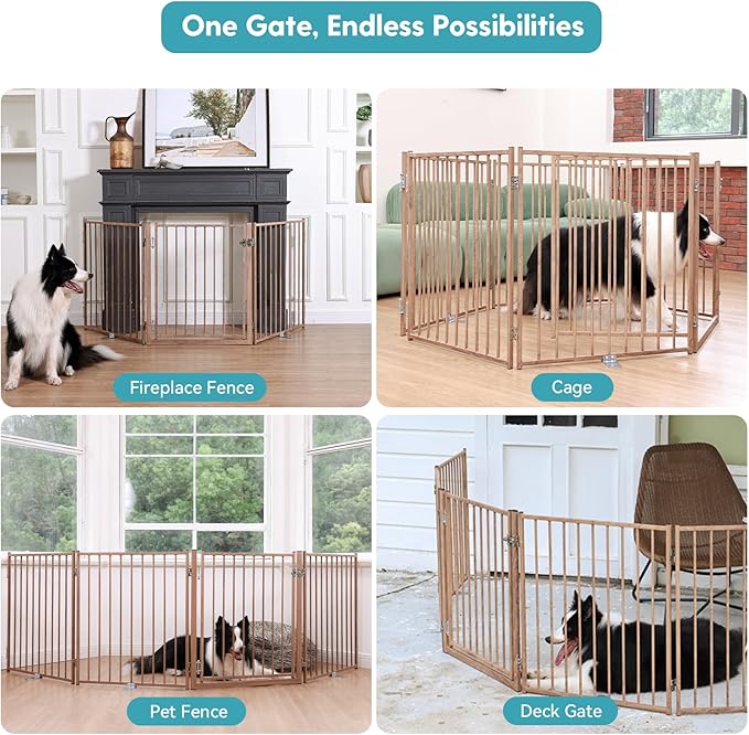 No Pawblems Free Standing Dog Gate with Door, 30'' Tall Foldable Dog Fence for Indoor & Outdoor, Up to 156" Extra Wide Puppy Gate for Stairs, Hallways, Doorways, Deck, Yard (Wood Pattern, 6 Panels)