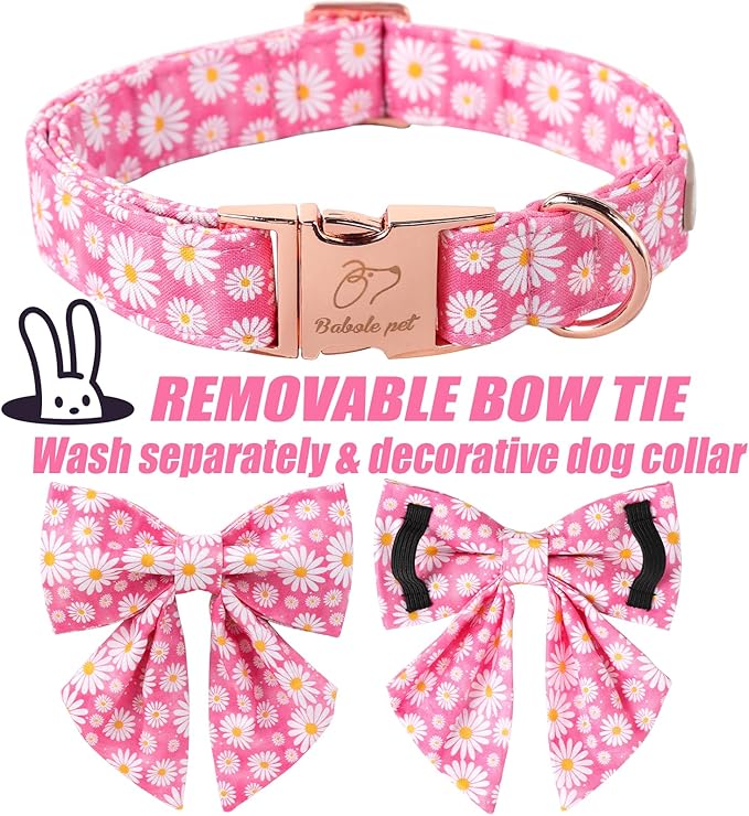 Floral Dog Collar with Lady Bow - Spring Daisy Dog Collars Girly Pink Sailor Bowtie Collars, Adjustable Metal Buckle Female Dogs Collar for Small Medium Large Dogs L