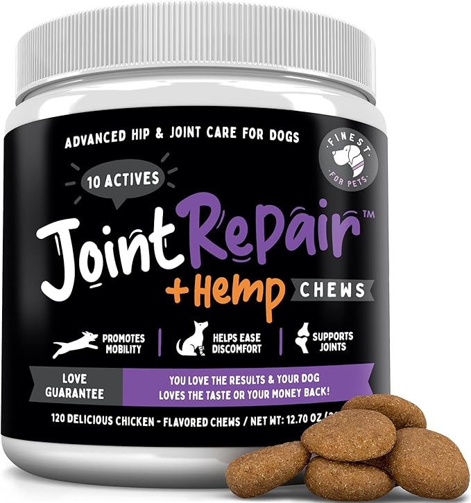 Joint Repair Hip and Joint Chews for Dogs - Finest For Pets Glucosamine, Chondroitin, MSM, Hemp, Omega 3 & Turmeric for Dog Joint Support, Mobility & Pain Relief - (120 Chicken Chews, Made in USA)