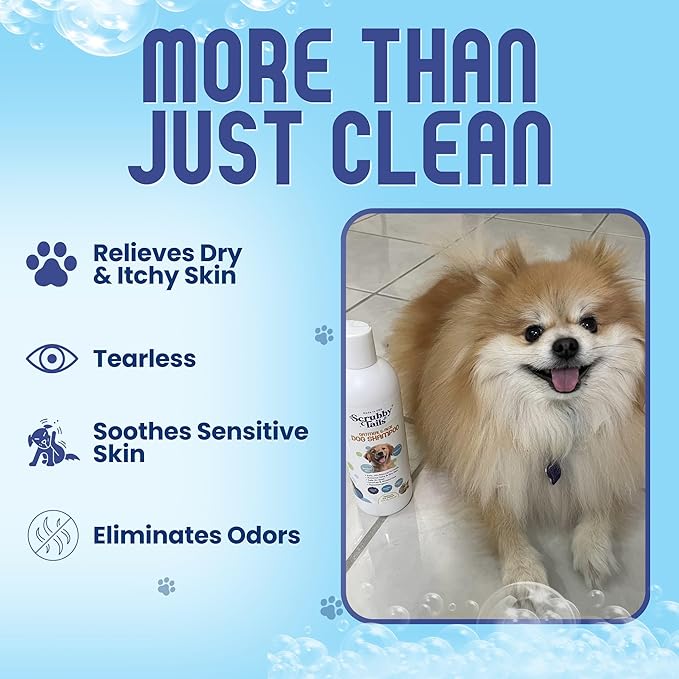 Scrubby Tails Organic Dog Shampoo - Puppy Oatmeal Shampoo for Itchy Skin Relief - Hypoallergenic for Sensitive Skin, for Dogs of All Ages, Deodorizes, Tearless, Made in USA, 16oz (Lavender)
