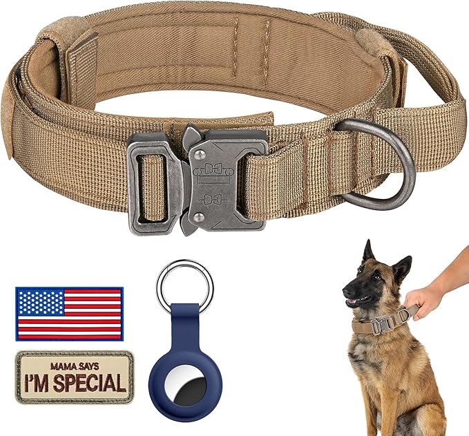 DAGANXI Tactical Dog Collar, Adjustable Military Training Nylon Dog Collar with Control Handle and Heavy Metal Buckle for Medium and Large Dogs, with Patches and Airtags Case (M, Brown)