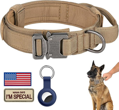 DAGANXI Tactical Dog Collar, Adjustable Military Training Nylon Dog Collar with Control Handle and Heavy Metal Buckle for Medium and Large Dogs, with Patches and Airtags Case (L, Brown)