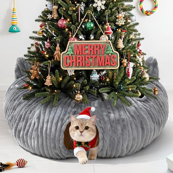 OurWarm Cat Tunnel Bed for Indoor Cats - Round Cat Tunnel Bed with Removable and Washable Circle Cushion, Donut Cats Play Tunnels, Kitten Toys with Ear Sounds for Kitten/Puppy/Rabbit, Grey