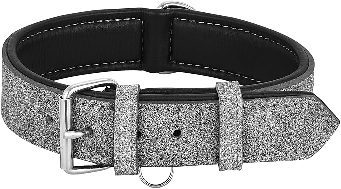 Riparo Genuine Leather Padded Dog Heavy Duty K-9 Adjustable Collar (XL: 1.75” Wide for 21”-25” Neck, Gray/White Thread)