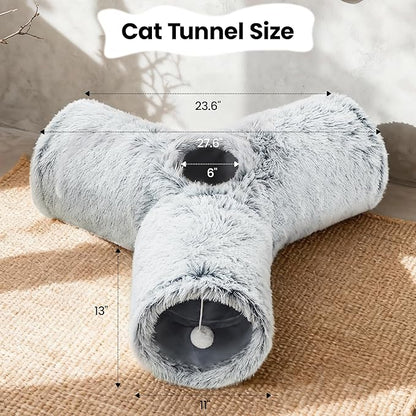 Tempcore Plush Cat Tunnel for Indoor Cats，Collapsible 3-Way Pet Tunnel Toy with Peek Holes for Cats, Kittens, Rabbits, Light Grey