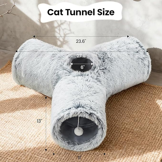 Tempcore Plush Cat Tunnel for Indoor Cats，Collapsible 3-Way Pet Tunnel Toy with Peek Holes for Cats, Kittens, Rabbits, Light Grey