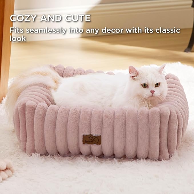 Bedsure ComfyFleece Cute Dog Bed for Small Dogs & Cats - Washable Furry Puppy Beds, Rectangle Orthopedic Corduroy Fleece Pet Beds with Removable Zipper Cover, 20x19x6inches, Blush Pink