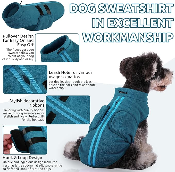 Queenmore Small Dog Sweater, Soft Fleece Vest Pullover Jacket With Leash Hole, Warm Winter Clothes for Cold Weather, Dachshund Sweater for Small Dogs Cats Boy or Girl (Peacock-Blue, XS)